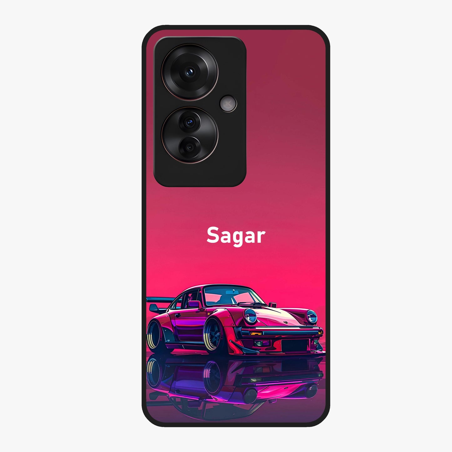 Neon Pink Porsche Glass Case showing flat back view with stylish sports car artwork and glossy glass finish.