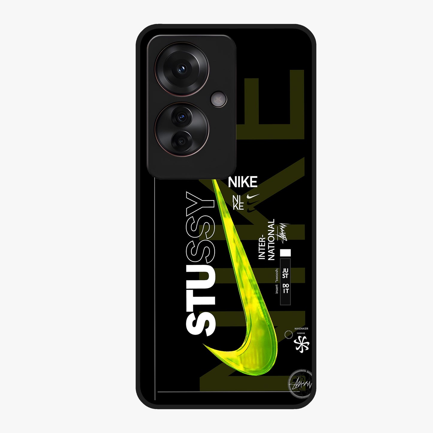 Neon Street Edition Glass Case showing flat back view with neon street style artwork and glossy glass finish.