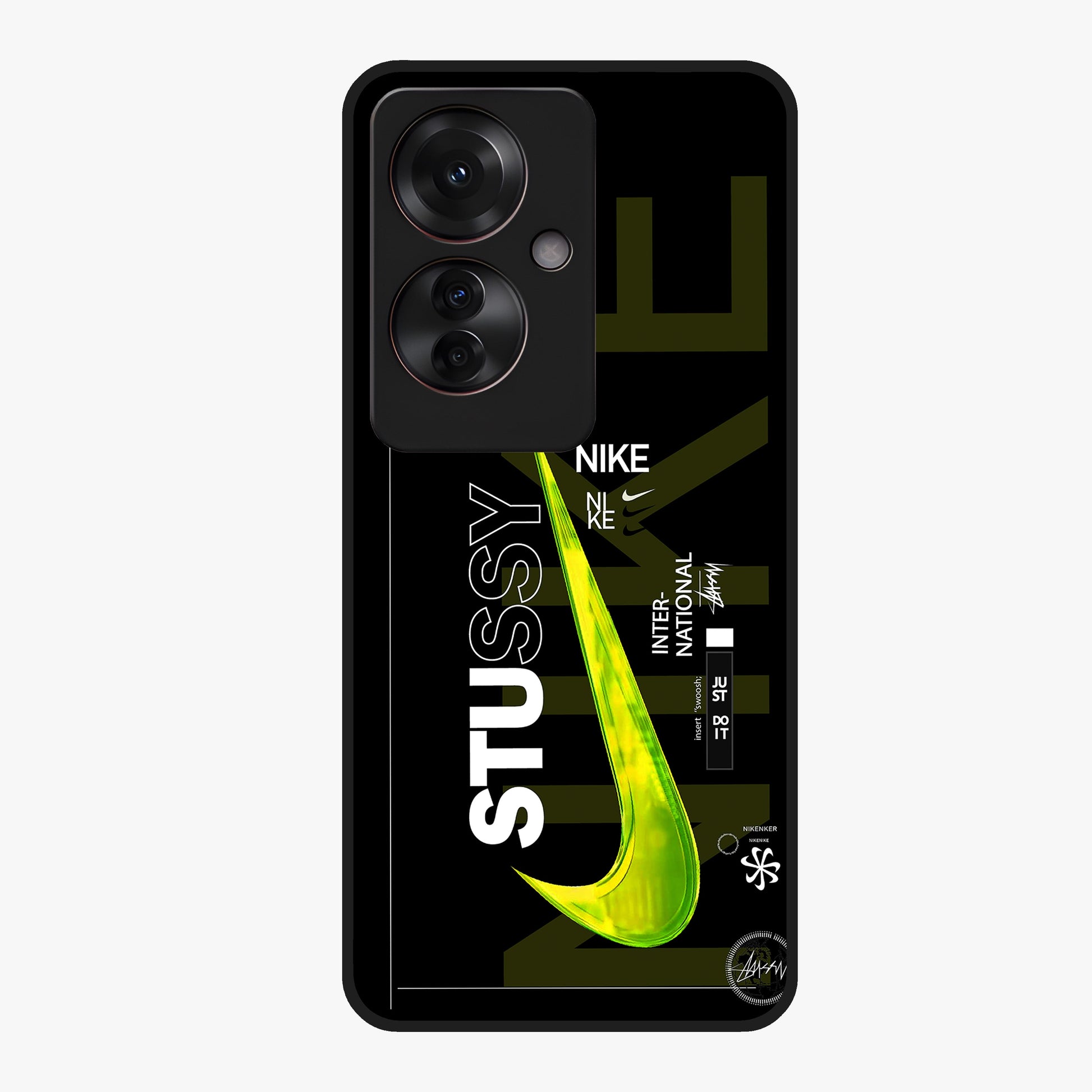 Neon Street Edition Glass Case showing flat back view with neon street style artwork and glossy glass finish.