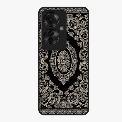 Noir Bloom Elegance Glass Case showing flat back view with elegant dark floral artwork and glossy glass finish.