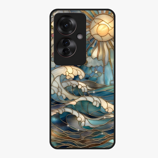 Oceanic Stained Printed Glass Case showing flat back view with ocean inspired stained pattern artwork and glossy glass finish.