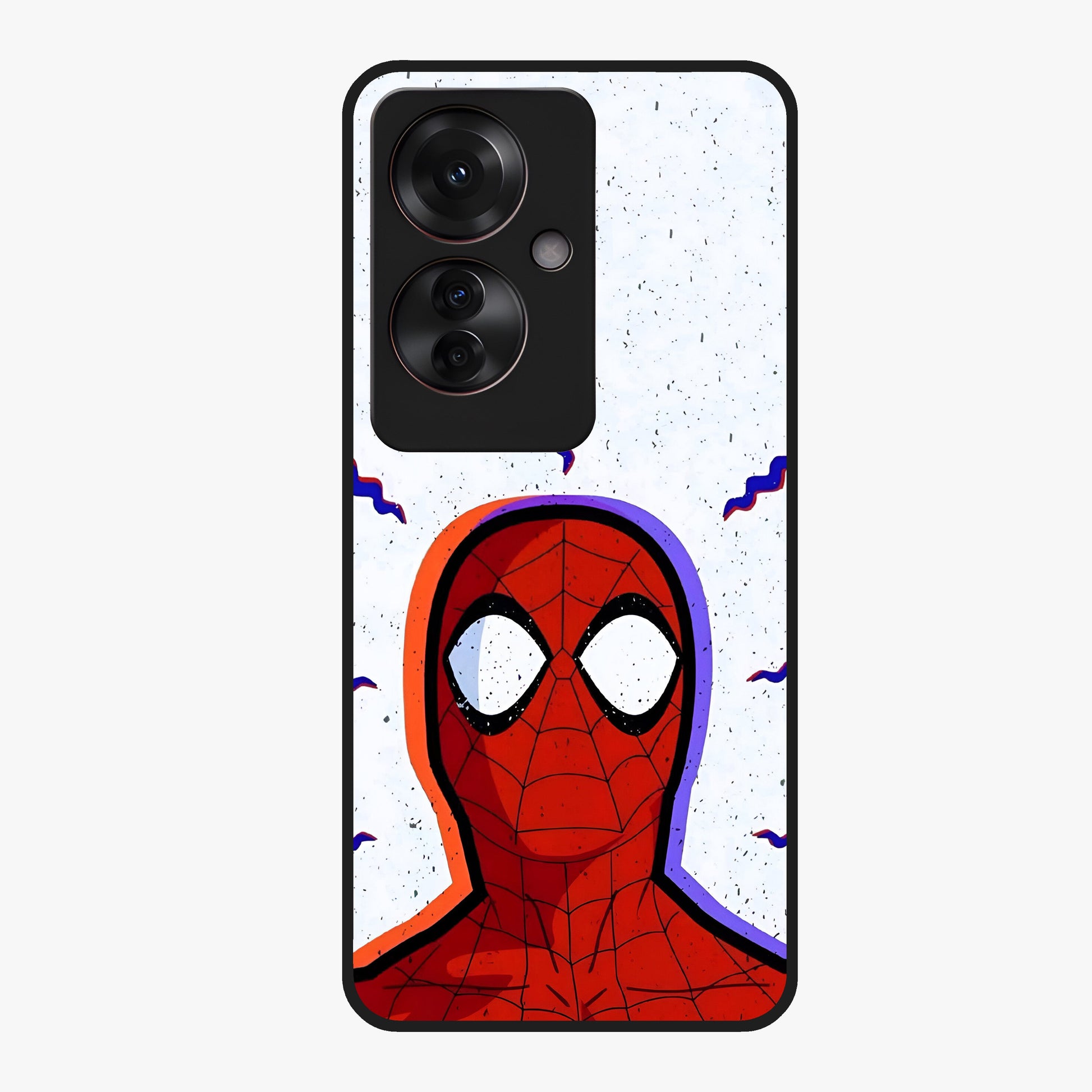 Omg Spiderman Glass Case showing flat back view with bold superhero inspired artwork and glossy glass finish.