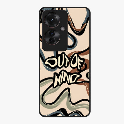 Out Of Mind Glass Case showing flat back view with expressive typography artwork and glossy glass finish.