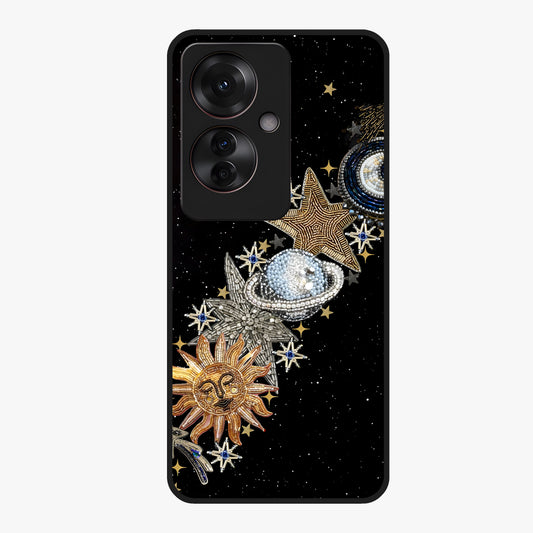 Pearls Universe Object Glass Case showing flat back view with pearl inspired cosmic artwork and glossy glass finish.