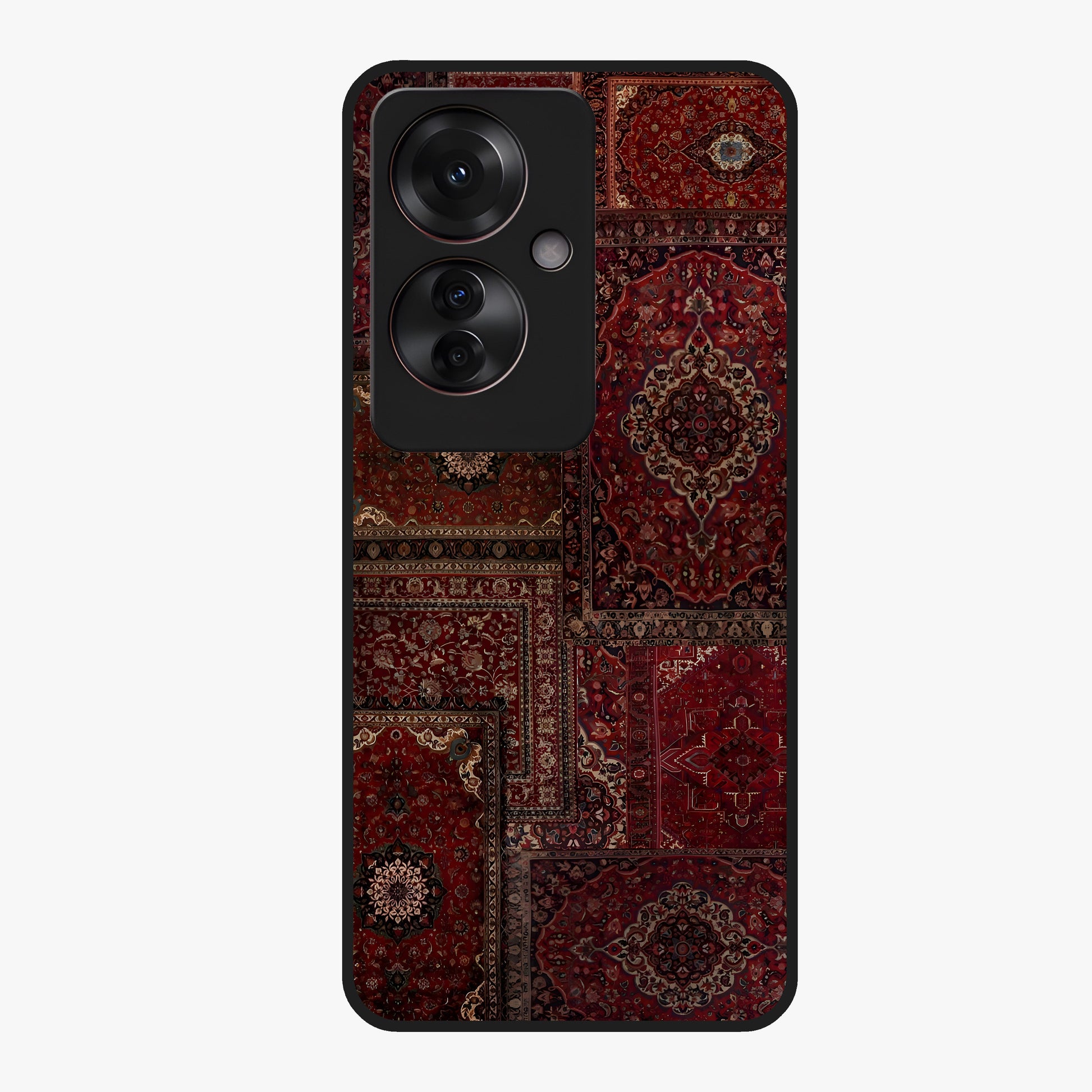 Persian Velvet Tale Glass Case showing flat back view with luxurious Persian velvet pattern artwork and glossy glass finish.