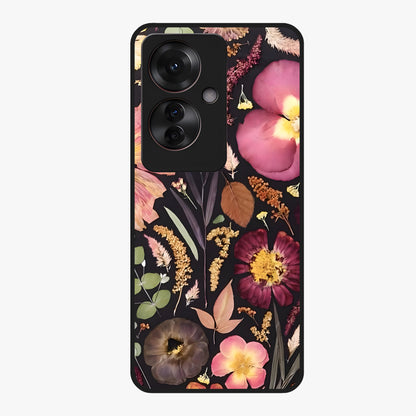Petal Dream Tapestry Glass Case showing flat back view with intricate floral tapestry artwork and glossy glass finish.