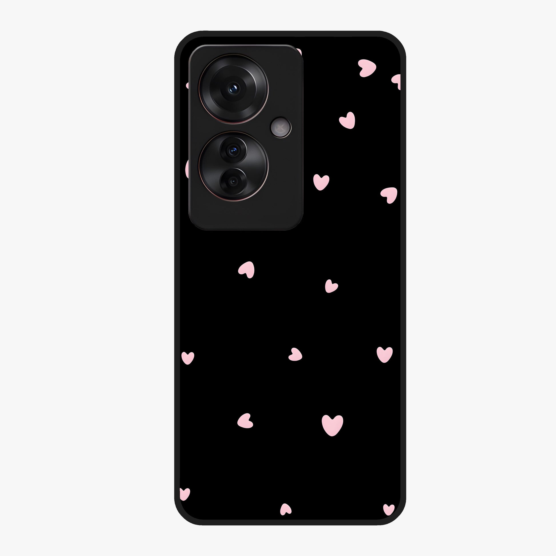 Pink Love Drops Glass Case showing flat back view with playful pink heart drops artwork and glossy glass finish.