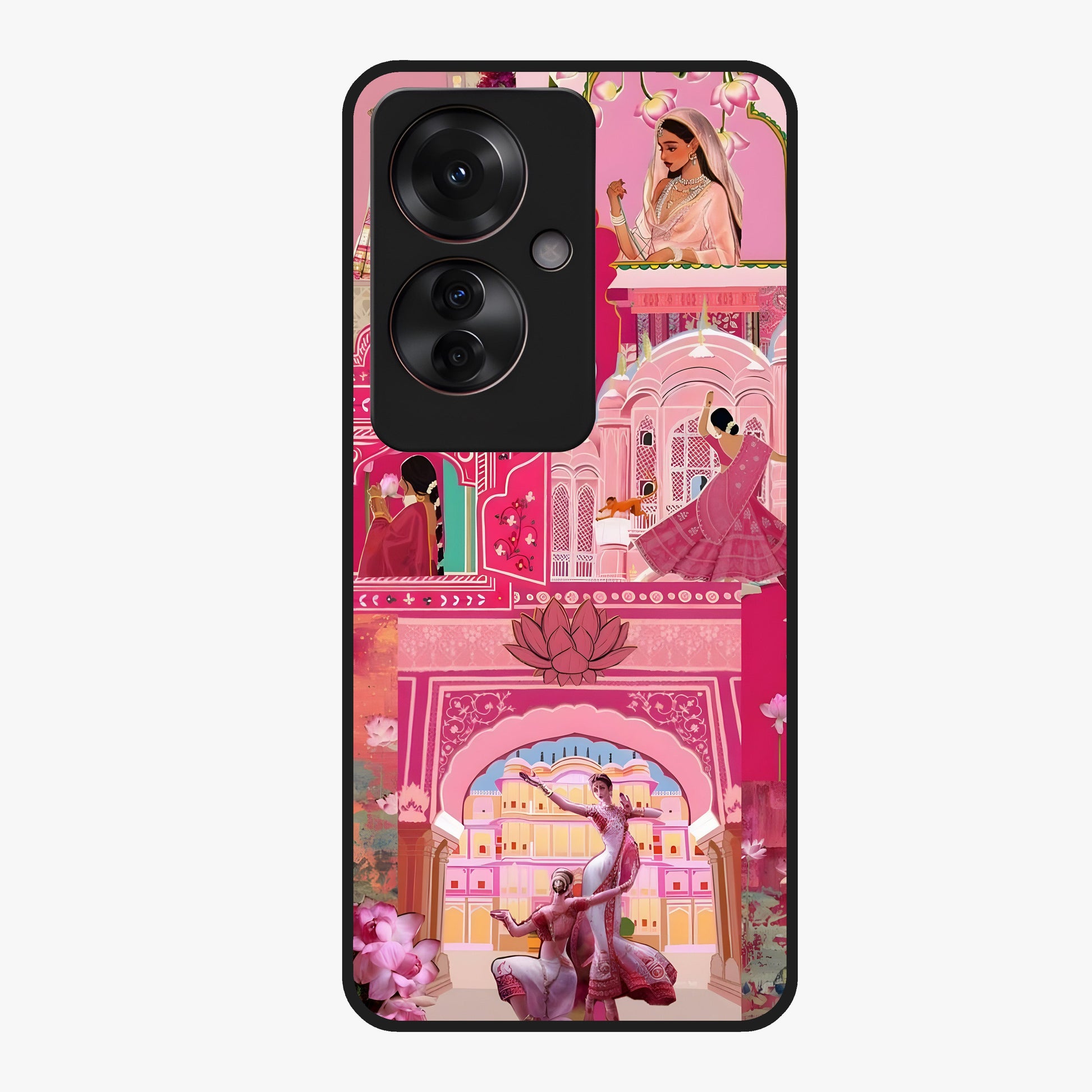 Pink Palace Muse Glass Case showing flat back view with elegant palace inspired artwork and glossy glass finish.
