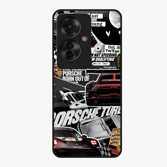 Porsche Racing Collage Glass Case showing flat back view with sports car racing collage artwork and glossy glass finish.