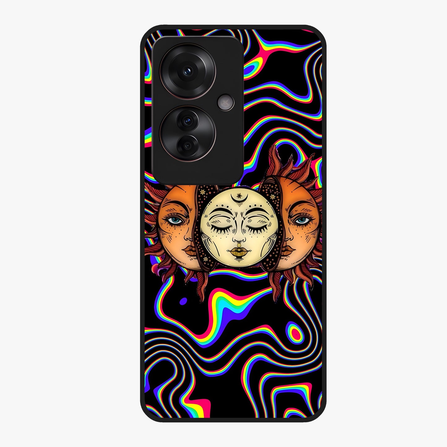 Psychedelic Sun Glass Case showing flat back view with colorful psychedelic sun artwork and glossy glass finish.