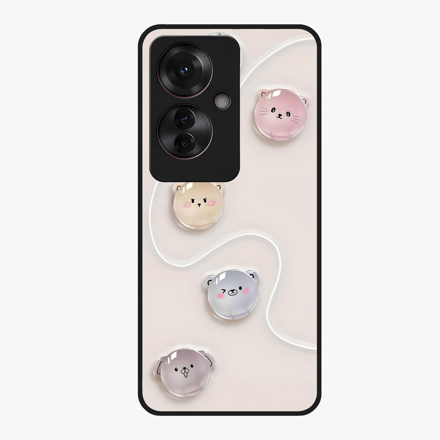 Puffy Face Parade Glass Case showing flat back view with cute puffy character faces artwork and glossy glass finish.