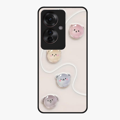 Puffy Face Parade Glass Case showing flat back view with cute puffy character faces artwork and glossy glass finish.
