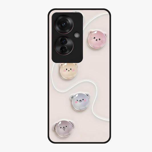 Puffy Face Parade Glass Case showing flat back view with cute puffy character faces artwork and glossy glass finish.