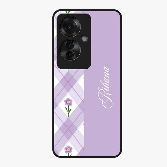 Purple Diamond Floral Glass Case showing flat back view with diamond shaped floral artwork and glossy glass finish.
