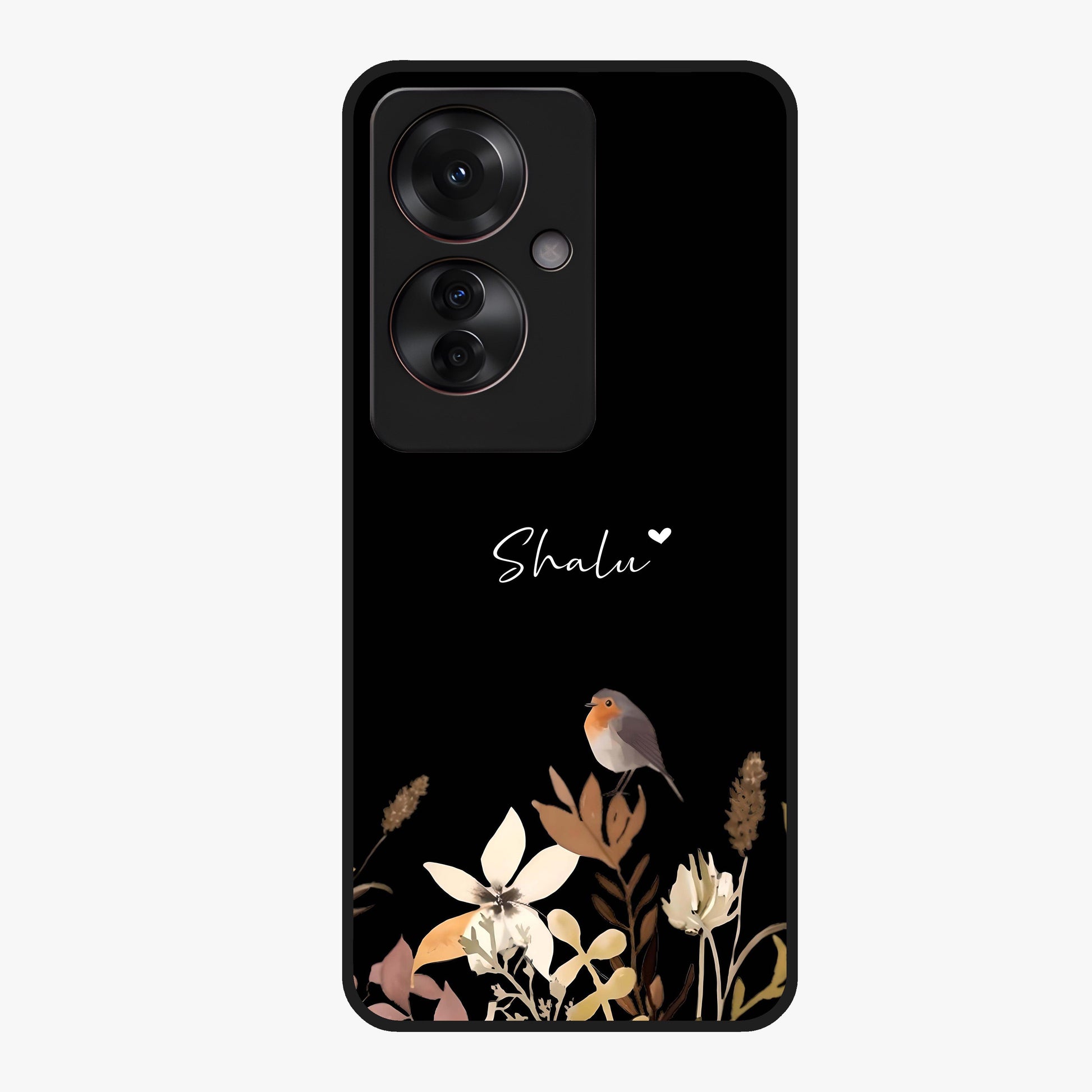Quiet Garden Tune Custom Name Glass Case showing flat back view with peaceful garden artwork and personalized name design.
