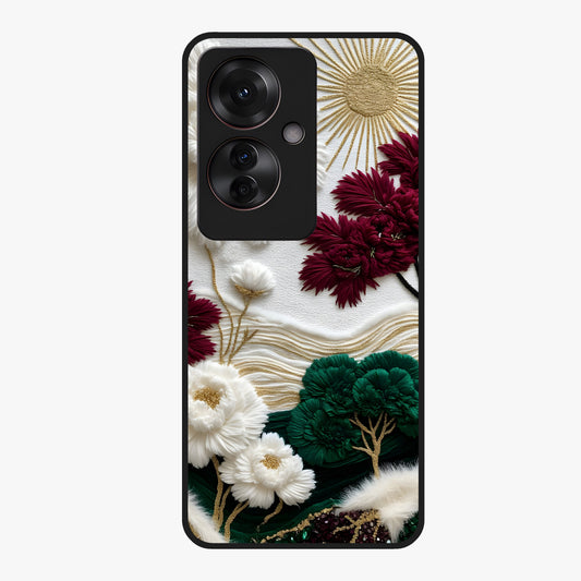 Radiant Bloom Elegance Glass Case showing flat back view with elegant blooming flower artwork and glossy glass finish.