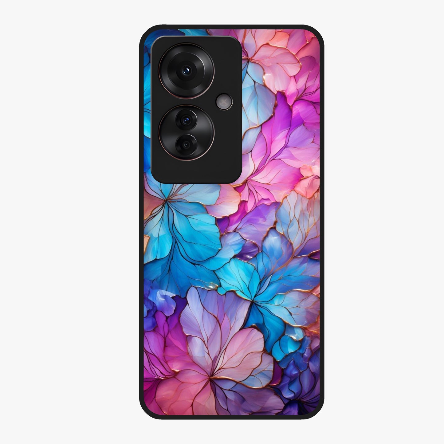 Radiant Floral Whirl Glass Case showing flat back view with swirling floral artwork and glossy glass finish.