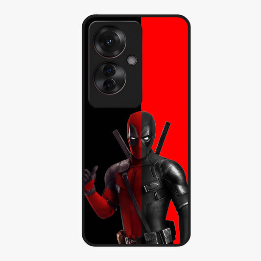 Red & Black Deadpool Theme Glass Case showing flat back view with bold comic inspired artwork and glossy glass finish.