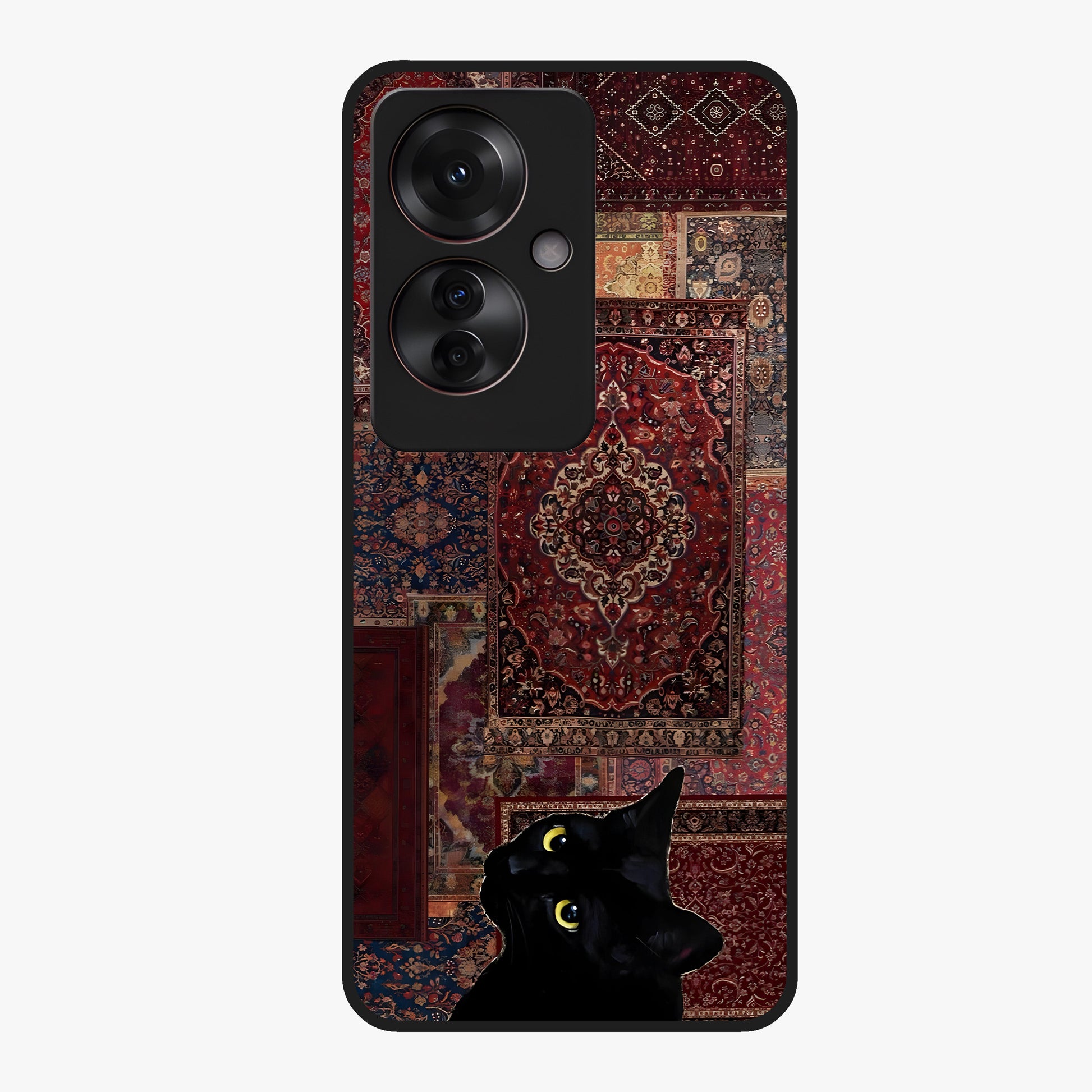 Regal Magic Cat Apple Glass Case showing flat back view with magical cat artwork holding apple and glossy glass finish.