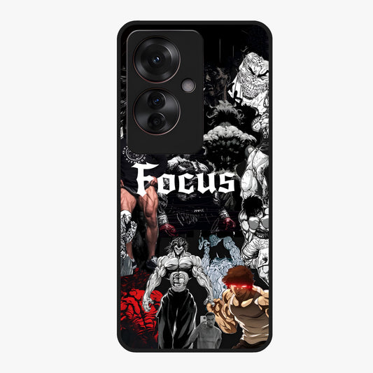 Relentless Power Focus Glass Case showing flat back view with motivational typography artwork and glossy glass finish.
