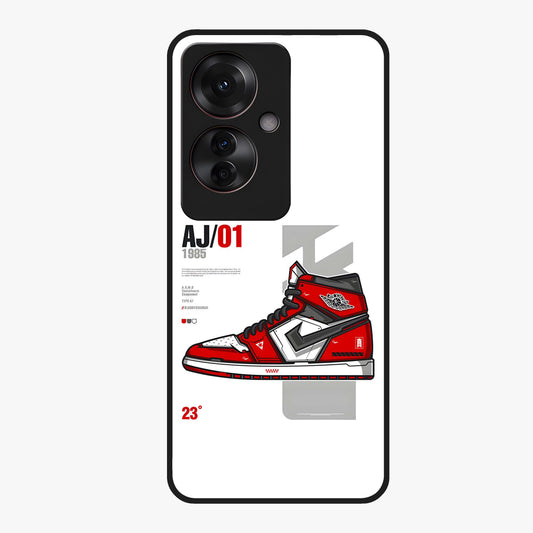 Retro Sneaker Blueprint Glass Case showing flat back view with sneaker blueprint style artwork and glossy glass finish.