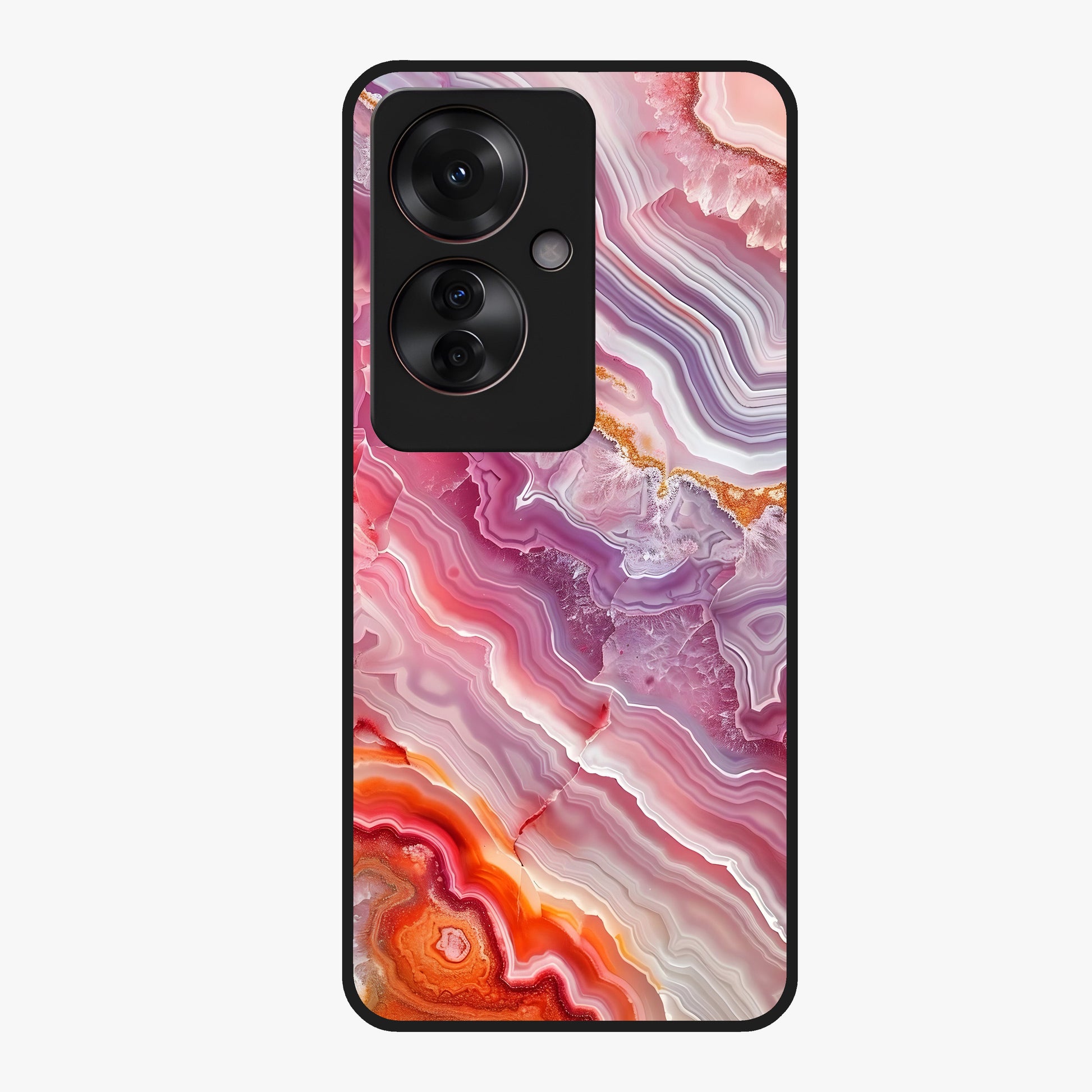 Rose Quartz Marble Glass Case showing flat back view with pink marble quartz texture artwork and glossy glass finish.