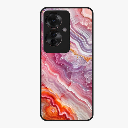 Rose Quartz Marble Glass Case showing flat back view with pink marble quartz texture artwork and glossy glass finish.