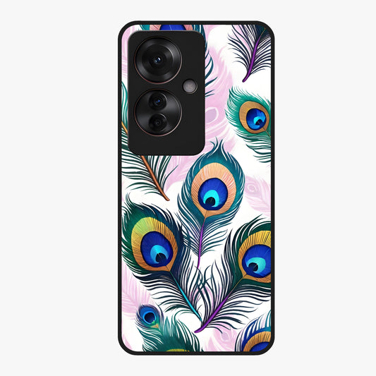 Royal Peacock Feathers Glass Case showing flat back view with colorful peacock feather artwork and glossy glass finish.