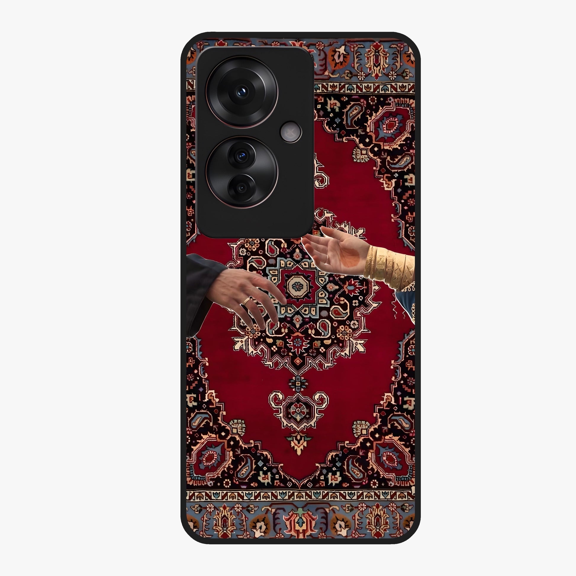 Royal Touch Reach Glass Case showing flat back view with elegant royal themed artwork and glossy glass finish.