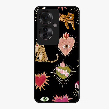 Sacred Jungle Heart Glass Case showing flat back view with jungle inspired heart artwork and glossy glass finish.