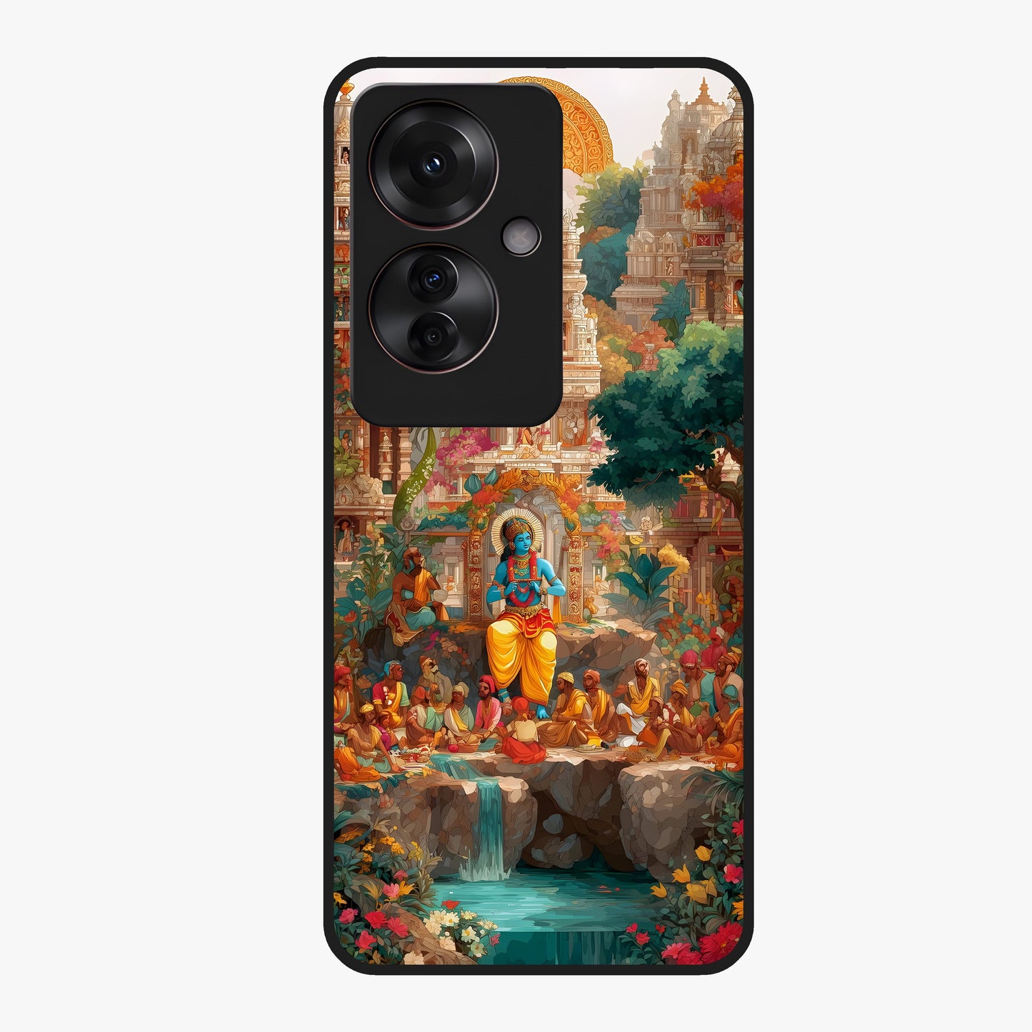 Sacred Sunlight Gods Glass Case showing flat back view with divine sunlight themed artwork and glossy glass finish.