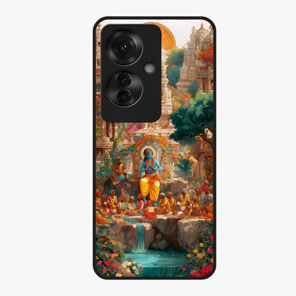 Sacred Sunlight Gods Glass Case showing flat back view with divine sunlight themed artwork and glossy glass finish.