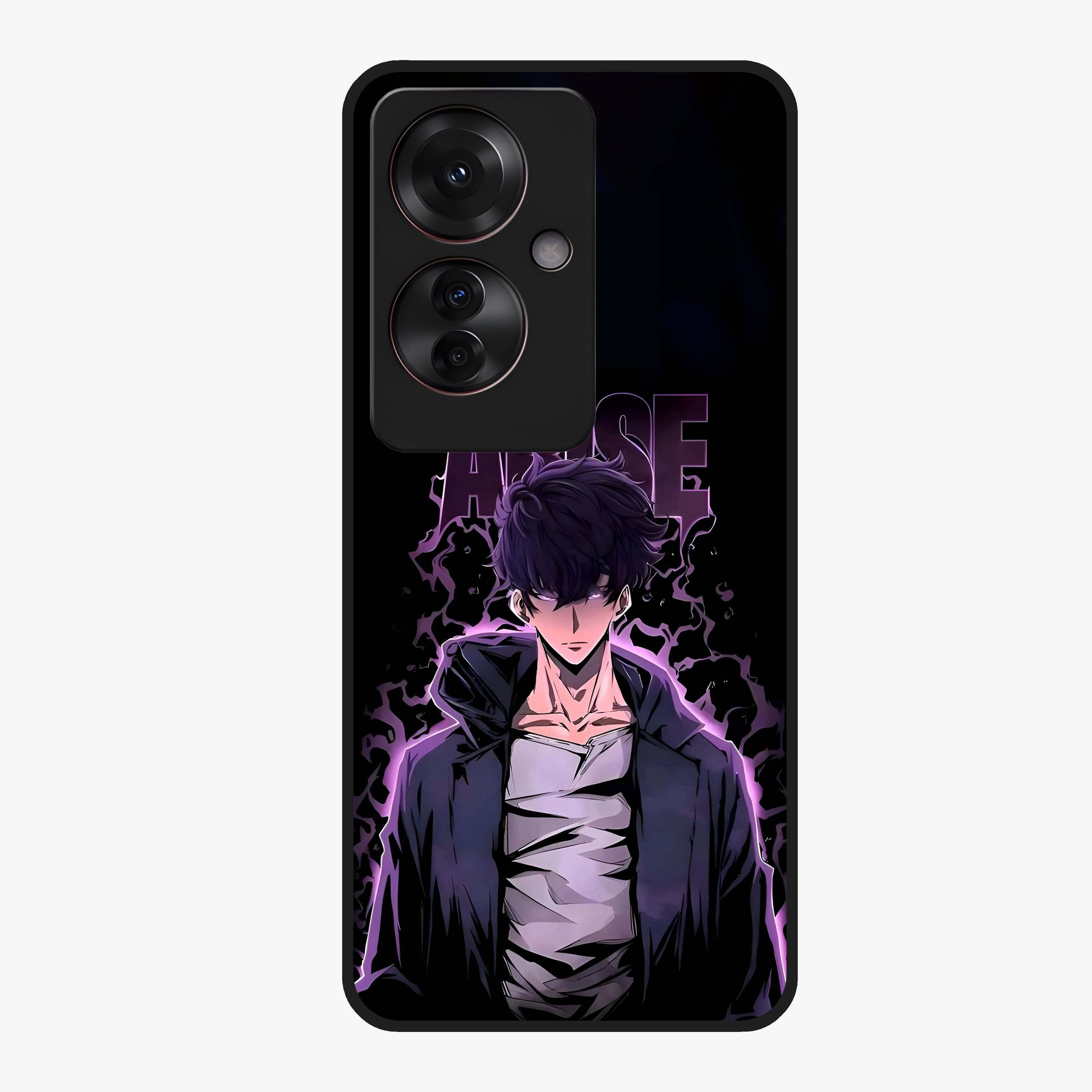 Shadow Monarch Awakening Glass Case showing flat back view with powerful dark monarch themed artwork and glossy glass finish.