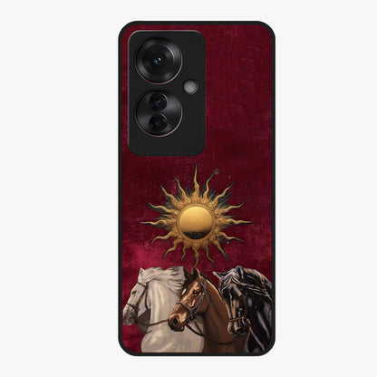 Solar Riders Glass Case showing flat back view with dynamic rider themed artwork and glossy glass finish.