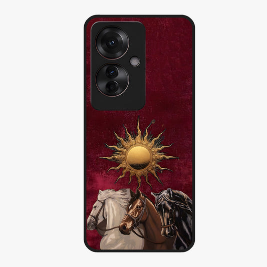 Solar Riders Glass Case showing flat back view with dynamic rider themed artwork and glossy glass finish.