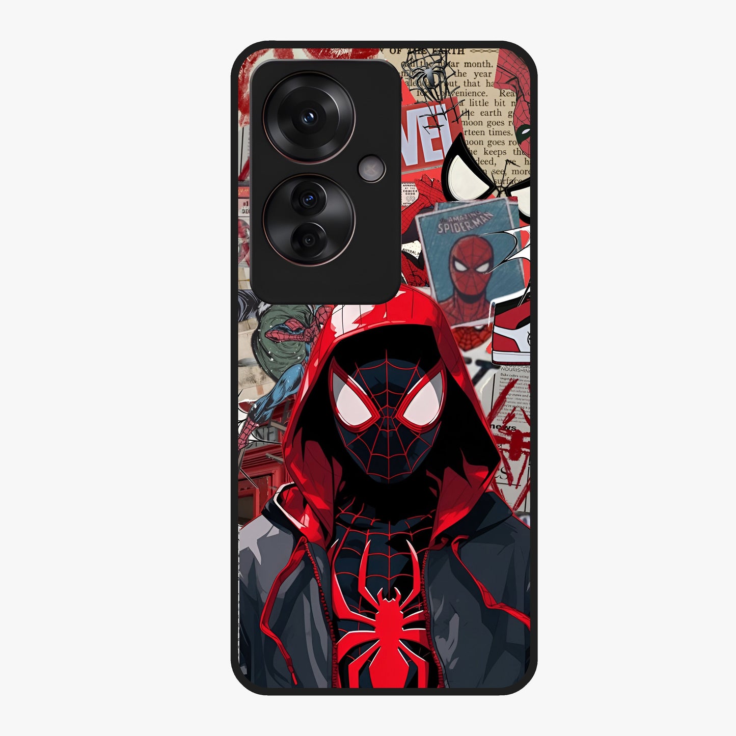 Spider Collage Street Glass Case showing flat back view with vibrant superhero collage artwork and glossy glass finish.