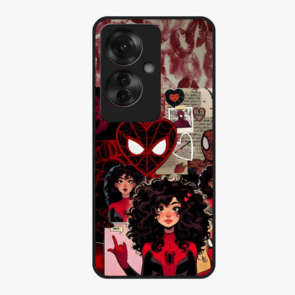 Spider Love Story Glass Case showing flat back view with romantic superhero themed artwork and glossy glass finish.