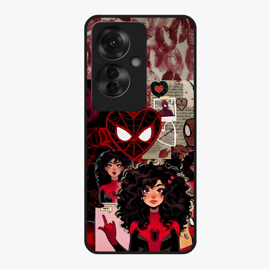 Spider Love Story Glass Case showing flat back view with romantic superhero themed artwork and glossy glass finish.