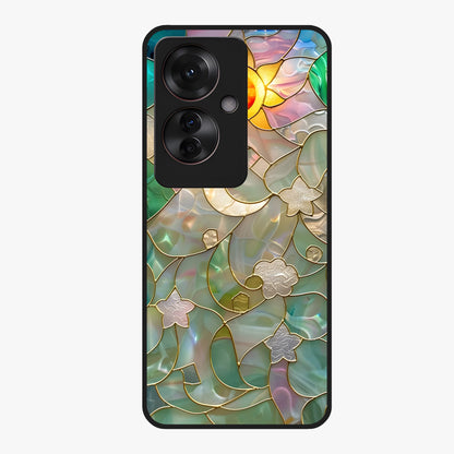 Stained Sunrise Glow Glass Case showing flat back view with glowing sunrise stained pattern artwork and glossy glass finish.