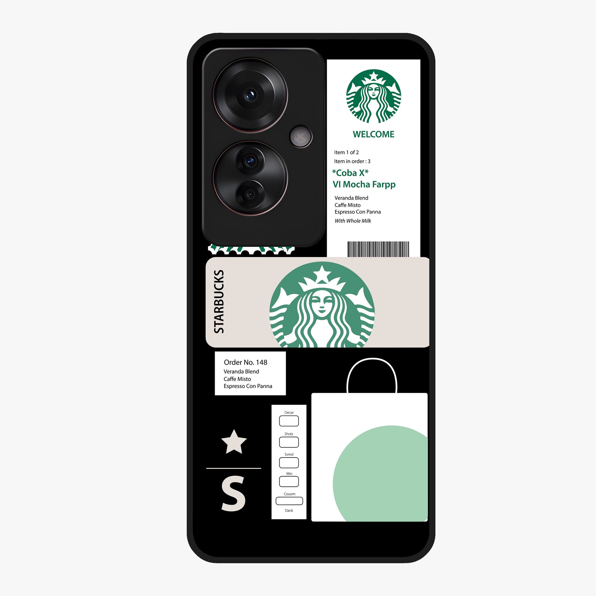 Starbucks Mocha Glass Case showing flat back view with coffee inspired artwork and glossy glass finish.