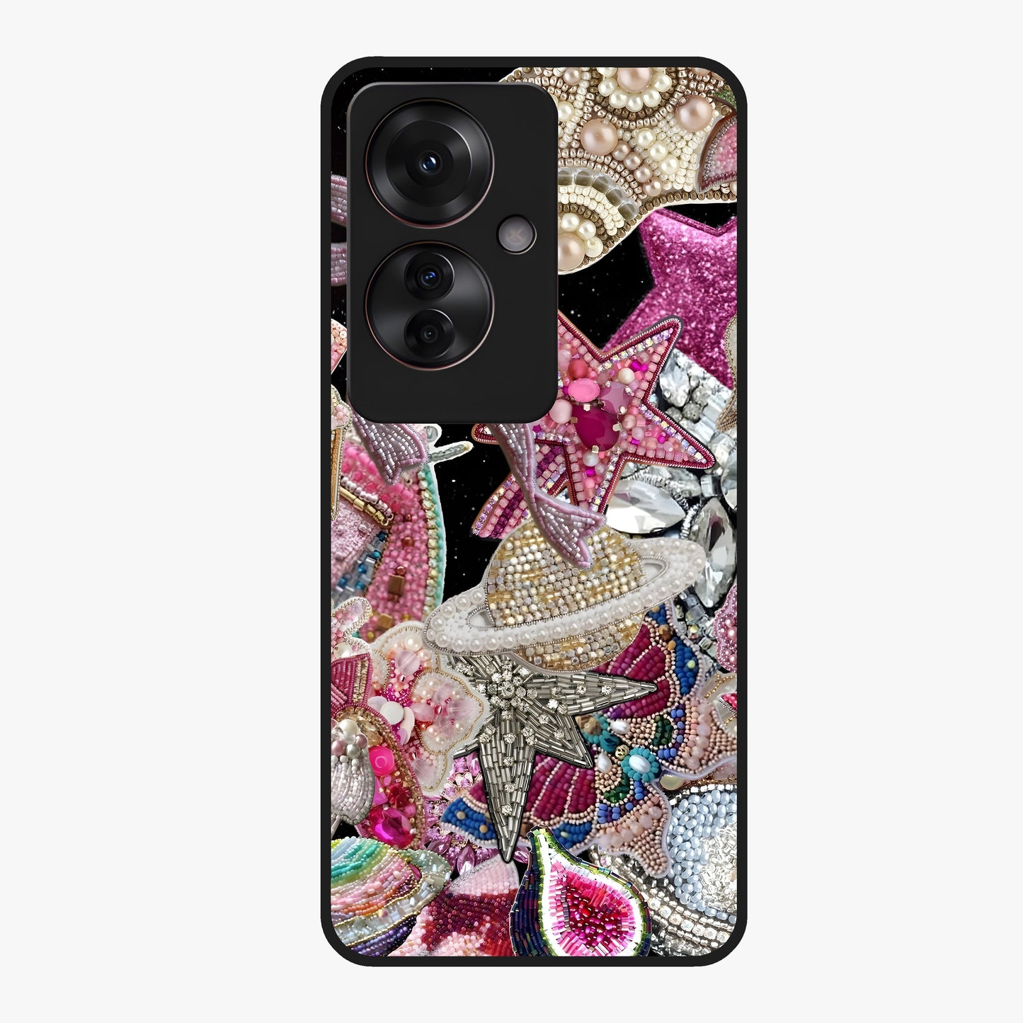 Starlit Jewel Dream Glass Case showing flat back view with sparkling jewel and star themed artwork and glossy glass finish.
