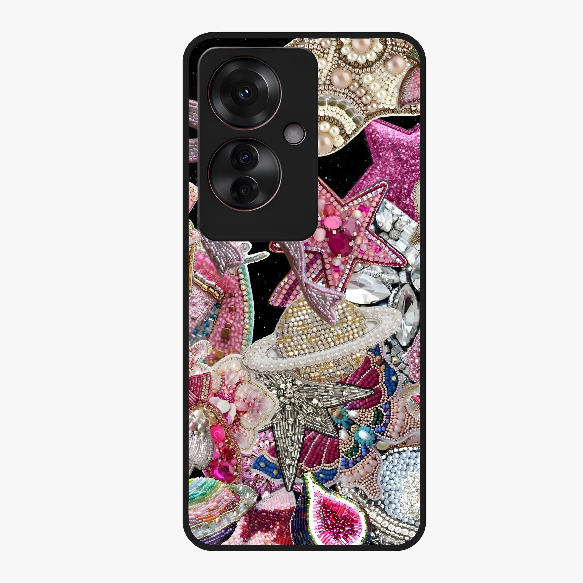 Starlit Jewel Dream Glass Case showing flat back view with sparkling jewel and star themed artwork and glossy glass finish.