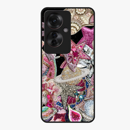 Starlit Jewel Dream Glass Case showing flat back view with sparkling jewel and star themed artwork and glossy glass finish.