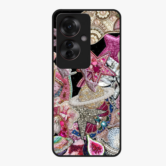 Starlit Jewel Dream Glass Case showing flat back view with sparkling jewel and star themed artwork and glossy glass finish.