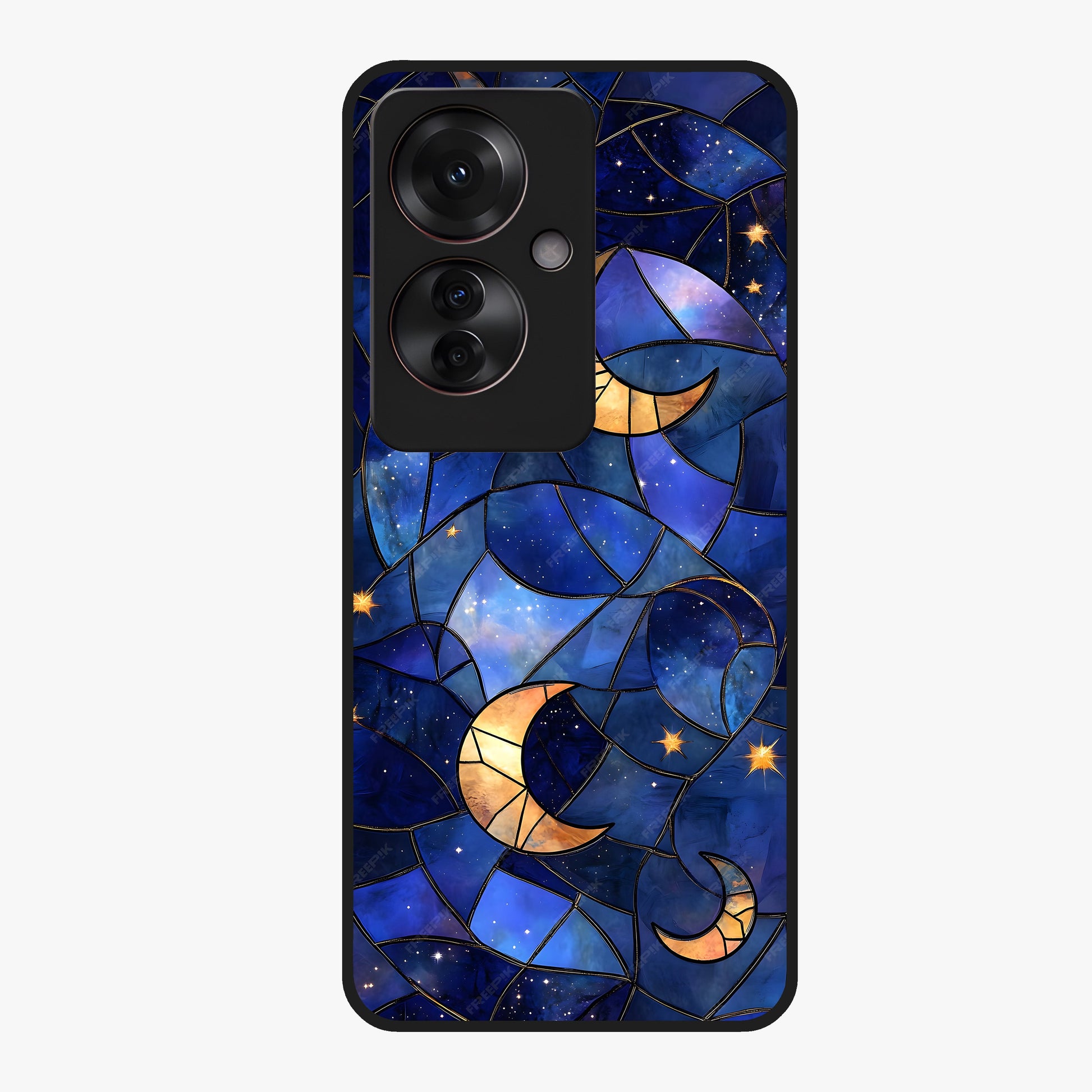 Starlit Sky Tapestry Glass Case showing flat back view with decorative starry sky tapestry artwork and glossy glass finish.