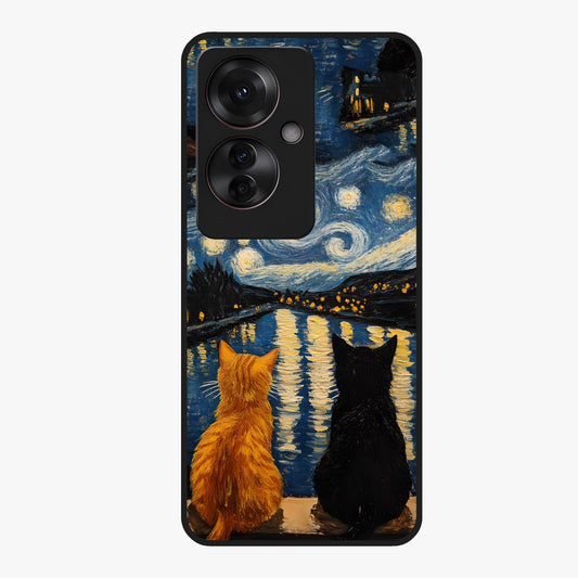 Starry River Cats Glass Case showing flat back view with cats by a starry river artwork and glossy glass finish.