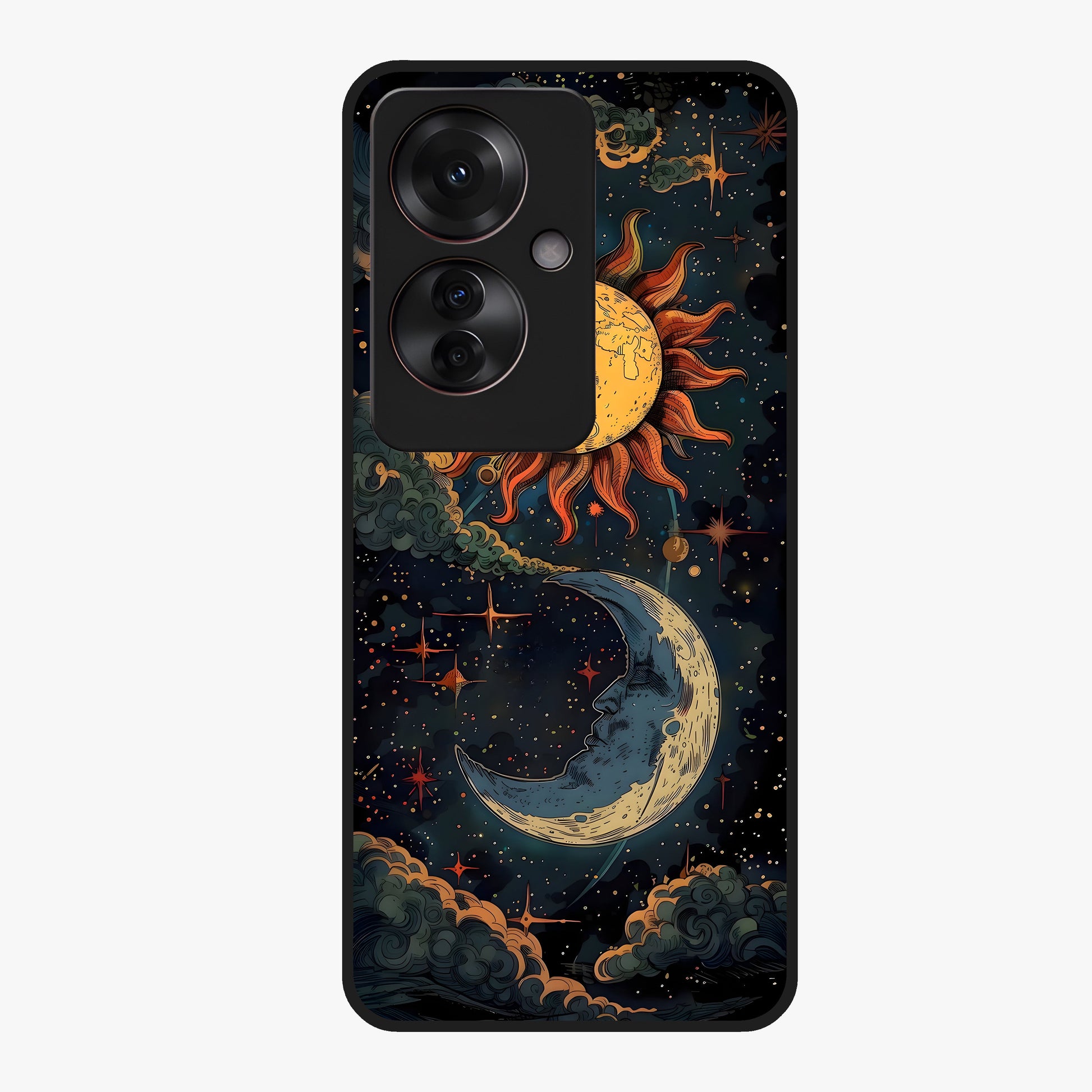 Sun And Moon Magic Design Glass Case showing flat back view with mystical sun and moon artwork and glossy glass finish.
