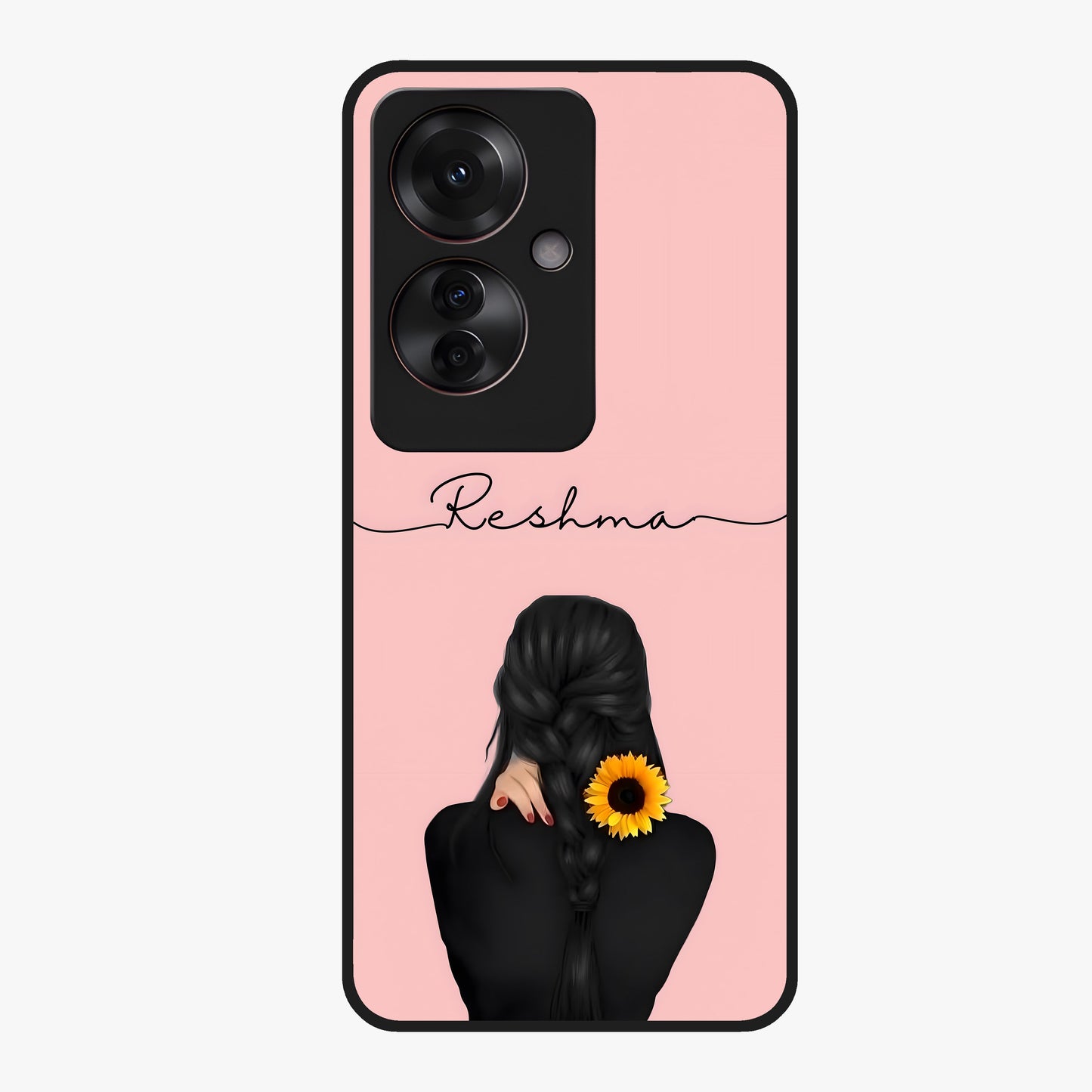Sunflower Braid Beauty With Custom Name Glass Case showing flat back view with sunflower braid artwork and personalized name design.