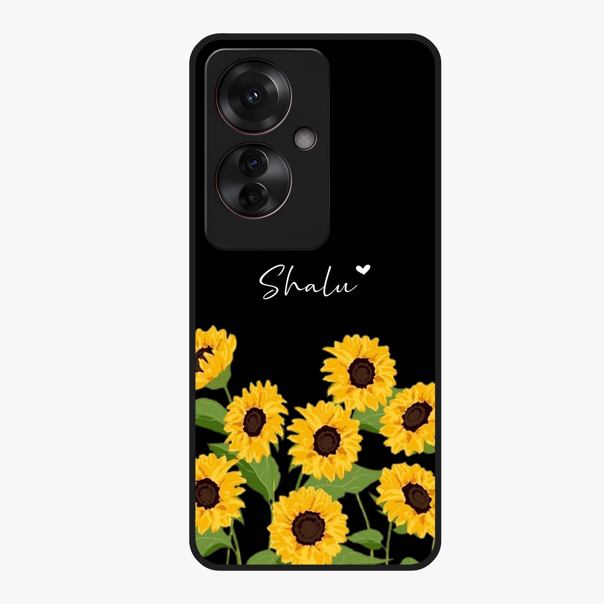 Sunflower Chic Mood Custom Name Glass Case showing flat back view with stylish sunflower artwork and personalized name design.