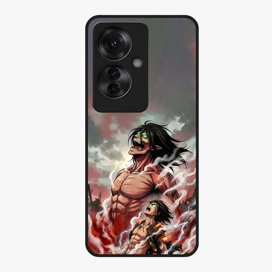 Titan Awakening Fury Glass Case showing flat back view with powerful titan inspired artwork and glossy glass finish.